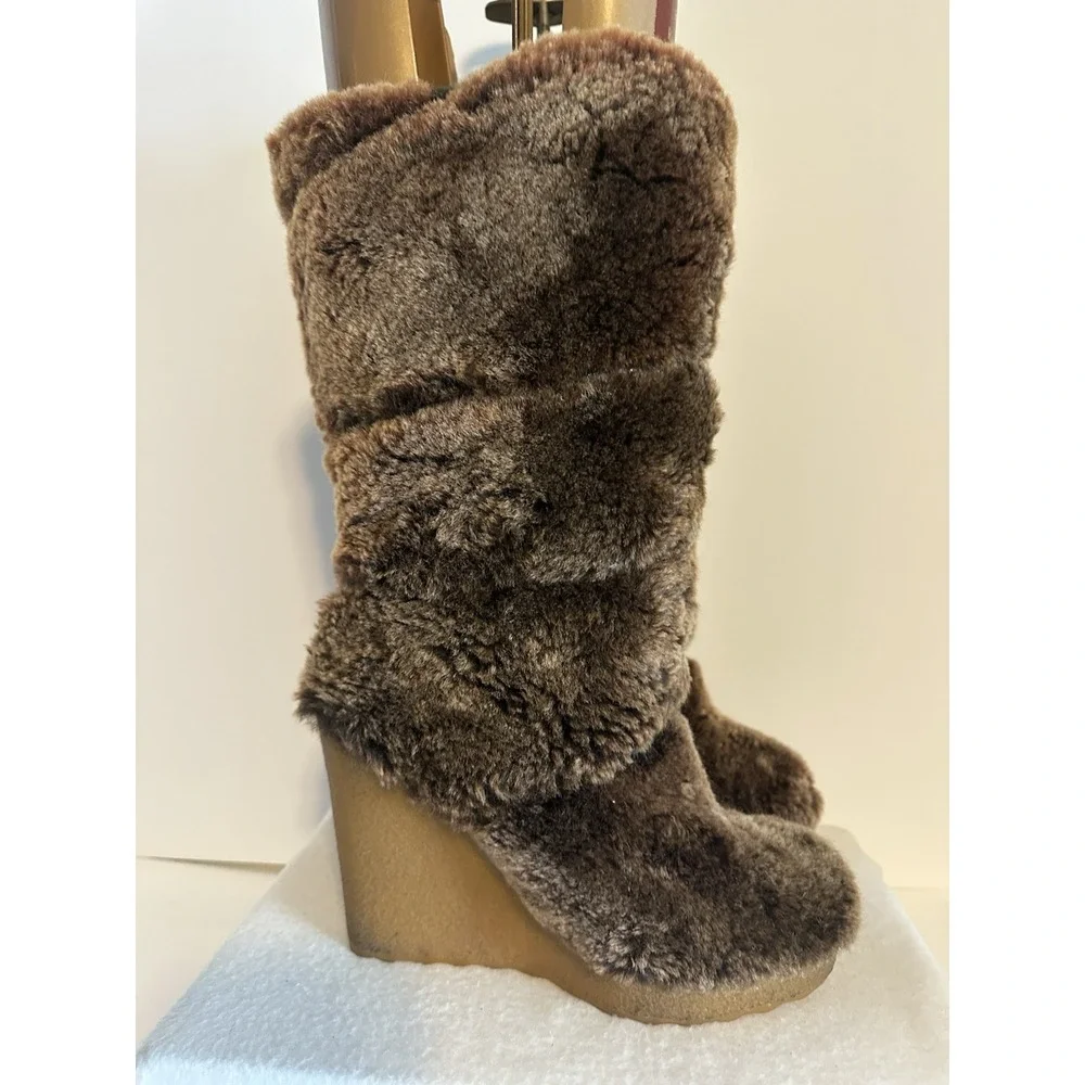 Tory Burch Womens 7 Kiki Sheep Shearling Fur Wedge Heel Boots Brown Pull On